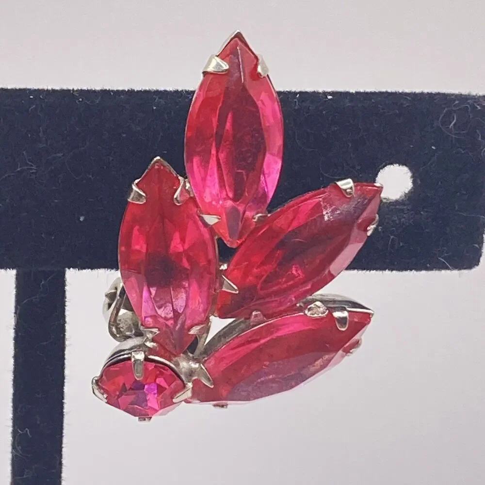 VTG  Fuchsia Pink Glass Rhinestone Silver Tone Clip Earrings statement fancy - Picture 3 of 5